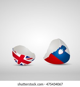 Cracked egg shell, one side with flag of United Kingdom and other one with flag of Slovenia