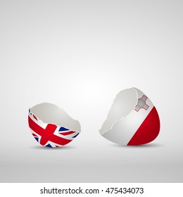Cracked egg shell, one side with flag of United Kingdom and other one with flag of Malta