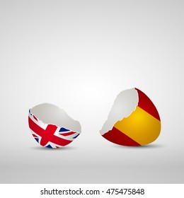 Cracked egg shell, one side with flag of United Kingdom and other one with flag of Spain