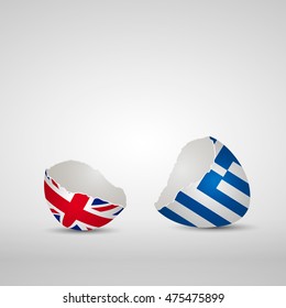 Cracked egg shell, one side with flag of United Kingdom and other one with flag of Greece