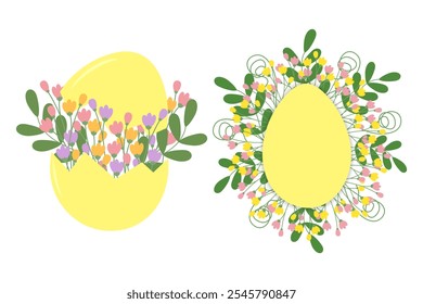 Cracked Egg shell and Egg shaped frame with multicolored blossom twigs and decorative leaves. Set 2