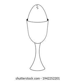 Cracked egg. Sketch. A soft-boiled egg in a glass-shaped egg holder. Poached. Vector illustration. Coloring book for children. Serving eggs for breakfast. Outline on white isolated background. 