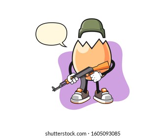 Cracked egg soldier with speech bubble cartoon. Mascot Character vector.