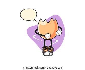 Cracked egg spinning with speech bubble cartoon. Mascot Character vector.