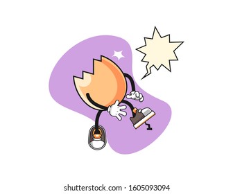 Cracked egg step on nail with speech bubble cartoon. Mascot Character vector.