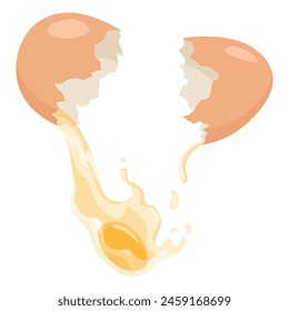 Cracked egg with yolk. Baking or cooking ingredient. Eggshell and protein. Healthy organic food. Diet with raw and broken product. Vector cartoon food