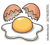 Cracked Egg with Yolk and Shell – Cartoon Vector Illustration of Fresh Food Ingredient