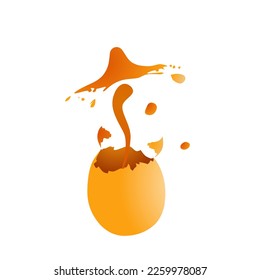 Cracked egg with yolk spurting out on a white background.