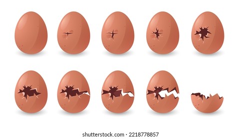 Cracked eggs animation. Cartoon broken damaged chicken eggshell halfs, organic food flat elements with steps for GUI design. Vector isolated collection. Realistic breaking oval shell set