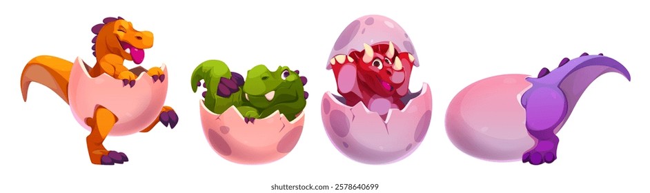 Cracked eggs with baby dinosaurs inside set isolated on white background. Vector cartoon illustration of cute dinos hatching, playing and hiding in eggshell, Jurassic park animals, funny zoo mascots