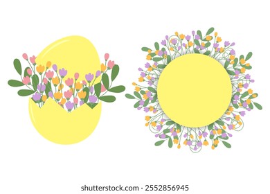 Cracked Eggshell with blooming twigs in and floral Circle Frame Border Copy space Spring Template