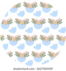 Cracked eggshell with colorful floral bouquet inside Seamless Pattern on Circle Transparent Backdrop