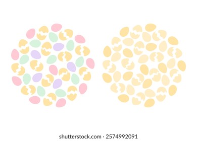 Cracked eggshell and eggs Colorful and Golden Circular backgrounds. Ester greeting design idea Set 2