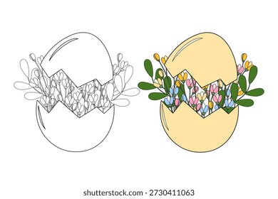 Casca de ovo rachada com composição floral Contorno e cor Minimalista Flat elementos de design Set Ícone. Ilustração isolada em vetor Springtime ou Easter Thematic Cards Pictograma de adesivo Folhetos, banner