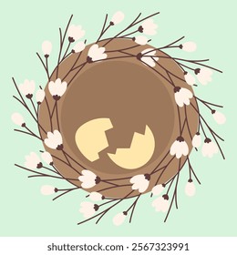 Cracked Eggshell in nest with blooming sprigs in trendy soft shades. Easter greeting design concept