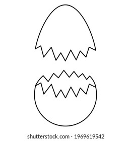 Cracked eggshell. Sketch. Two shells from a chicken egg. Vector illustration. Coloring book for children. Eggshell shards. Zigzag edge. Doodle style. Isolated white background. Light Easter.