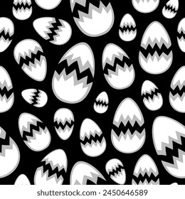 Cracked eggshells in different sizes arranged randomly on a black background. Simple monochrome vector seamless pattern for printing on different materials or use in graphic design projects.