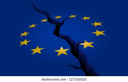 Cracked European Union, europe flag with crack, UK brexit background, vector illustration