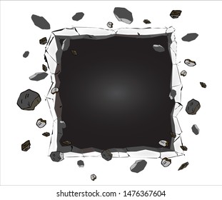 Cracked explosion concrete wall hole, comic style, illustration vector.