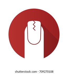 Cracked fingernail flat design long shadow glyph icon. Brittle nail. Vector silhouette illustration