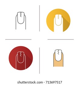 Cracked fingernail icon. Flat design, linear and color styles. Brittle nail. Isolated vector illustrations