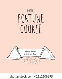 Cracked fortune cookie with place on paper for your text. Crisp cookie with a blank piece of paper inside. For print, web,  postcard. Simple line drawing. Trendy vector illustration. Hand drawn style.