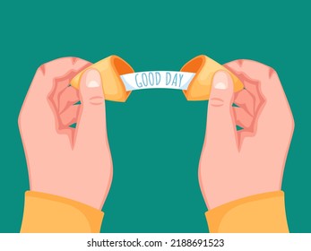 Cracked fortune telling cookies in hands. Good day forecasting, traditional Chinese sweet cookie with predictions of future vector illustration. Person holding biscuit with message