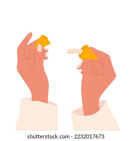 Cracked fortune telling cookies in hands. Traditional Chinese sweet cookie with predictions of future vector illustration