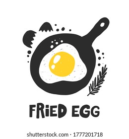 Cracked fried egg banner template. Omelette product silhouette on the pan. Isolated grunge stylized lettering with bacon, sausage, mushroom, onion. Fast cooking meal, menu poster design element