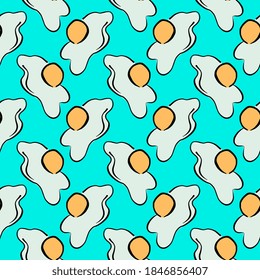 Cracked fried egg, seamless pattern on blue background.