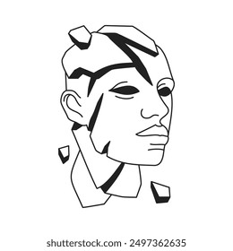 Cracked futuristic hype surreal man head sculpture Y2k outline black icon vector flat illustration. Crash male portrait psychedelic groovy monochrome monument weird antique statue