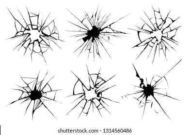 Cracked glass. Broken window, shattered glassy surface and break windshield glass texture silhouette. Crack shattered mirror or bullet hole. Vector illustration isolated icons set