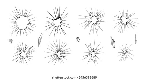 Cracked glass. Broken window, shattered glassy surface and break windshield glass texture silhouette. Crack shattered mirror or bullet hole. Vector illustration isolated icons set on white background