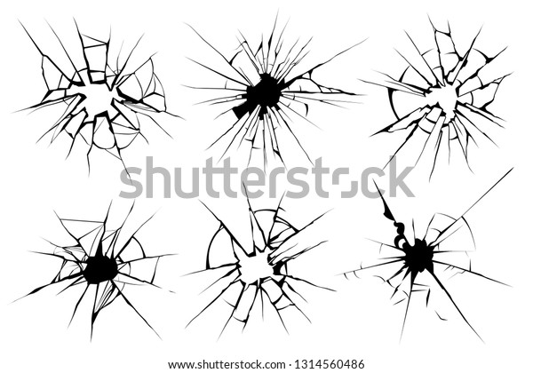 Cracked glass.\
Broken window, shattered glassy surface and break windshield glass\
texture silhouette. Crack shattered mirror or bullet hole. Vector\
illustration isolated icons\
set