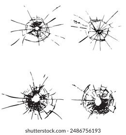 Cracked glass, broken windows and shattered glass texture silhouette set by bullets