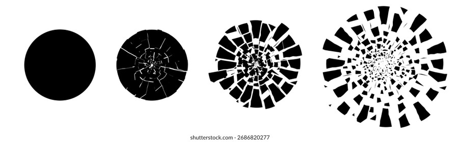 Textura de círculo de vidrio agrietado con fragmentos rotos afilados. Efecto de explosión Abstractas en blanco y negro para temas de impacto o explosión. Diseño moderno del Vector perfecto para el logotipo, el cartel o el concepto del vfx.