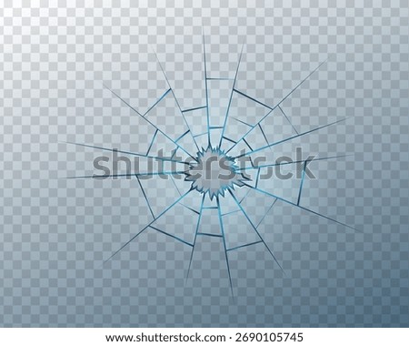 Cracked glass effect with broken mirror and bullet impact marks. Transparent shattered texture for vandalism, crash, or destruction scenes. Realistic vector overlay on light background.