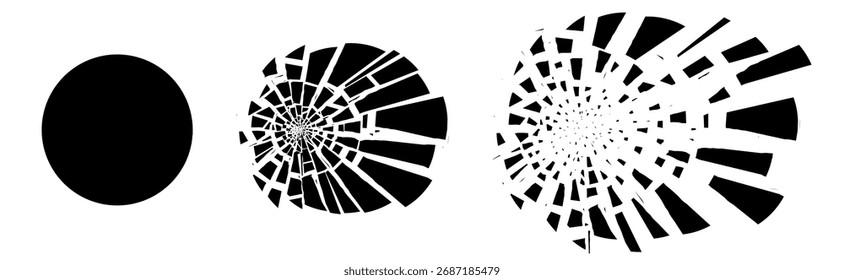 Cracked glass explosion with dynamic debris and glowing particles. Circular 3D burst effect symbolizing impact or destruction. Modern abstract vector background for vfx art.