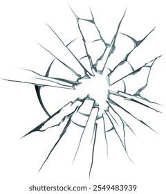 Cracked glass with a hole in center is radiating cracks outwards, creating a dramatic visual effect against a clean white backdrop, perfect for illustrating concepts of damage, stress, or impact