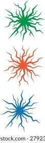 Cracked Glass or Ice Elements Collection. Abstract radial burst designs in green, red, and blue, vector graphics