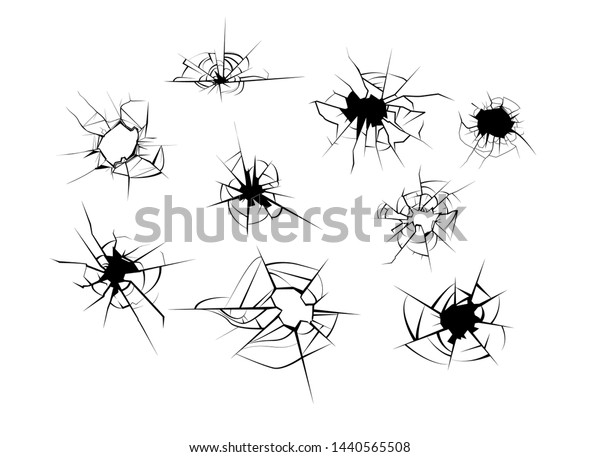 Cracked glass set. Holes\
with cracks and sharp edges, shattered surface, broken mirror.\
Damage concept. Vector illustrations can be used for topics like\
destruction or crash