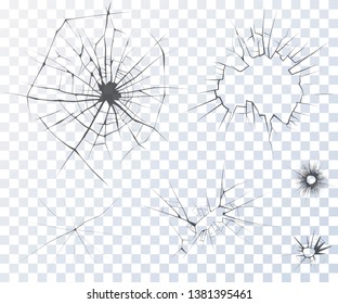 Cracked glass. Set of vector cracks isolated on transparent background. Abstract broken elements. Two bullet holes. Destruction and accidents design. Sharp broken edges at the holes, realistic texture