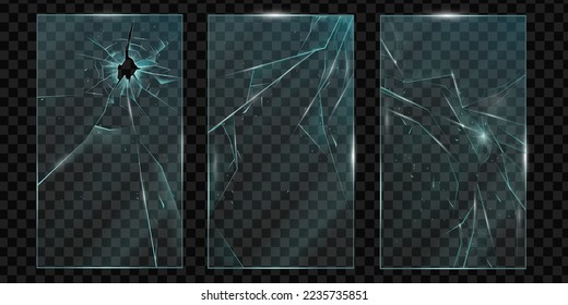 Cracked glass, vector broken phone screen, scratched smartphone pane shattered texture effect. Protector concept, realistic transparent crushed plexiglass design. Cracked glass, frame set hole, splits