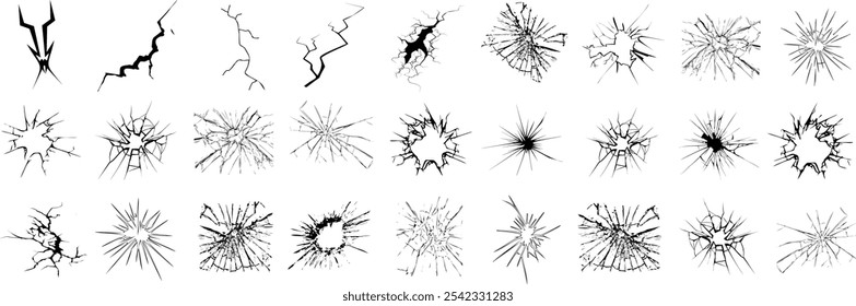 Coleção de vetor de vidro rachado com vários efeitos de vidro quebrados, linhas quebradas e rachaduras de impacto. Perfeito para arte digital, design gráfico e simulação realista de superfícies quebradas
