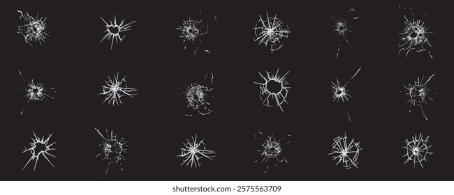 Cracked glass vector collection featuring various shattered glass effects , Cracked crushed realistic glass set .