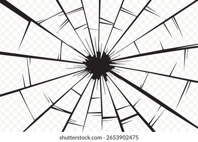 Cracked glass vector transparent png image with sharp edges for overlay compositions. Broken glass effect, shattered glass, and damaged surface overlay illustration.
