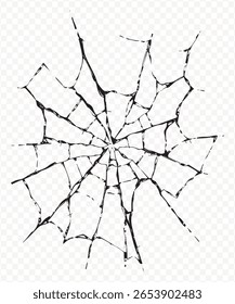 Cracked glass vector transparent png image with spiderweb effect for design elements. Broken glass effect, shattered glass, and damaged surface overlay illustration.