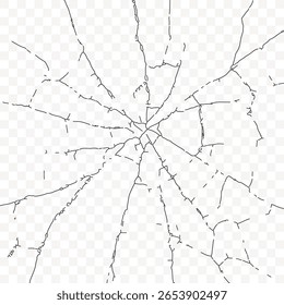 Cracked glass vector transparent png image with fine line fractures for overlay effects. Broken glass effect, shattered glass, and damaged surface overlay illustration.