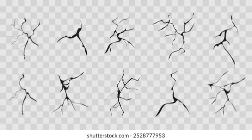 Cracked glass, wall, egg, fissures in ground top view. Set concrete, crevices from disaster, surface from earthquake, Ruined breaked land surface doodle, hand drawn