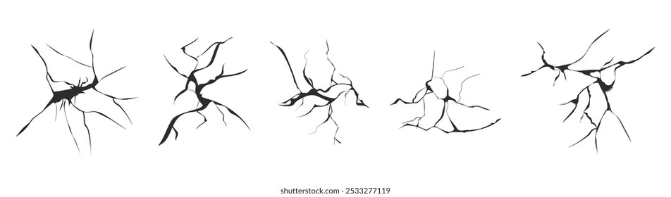 Cracked glass, wall, egg, fissures in ground top view. Set concrete, crevices from disaster, surface from earthquake, Ruined breaked land surface doodle, hand drawn